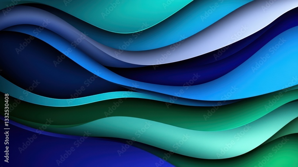 Poster abstract geometric wave design with shadowed line curves in dark blue and soft green, creating a vis