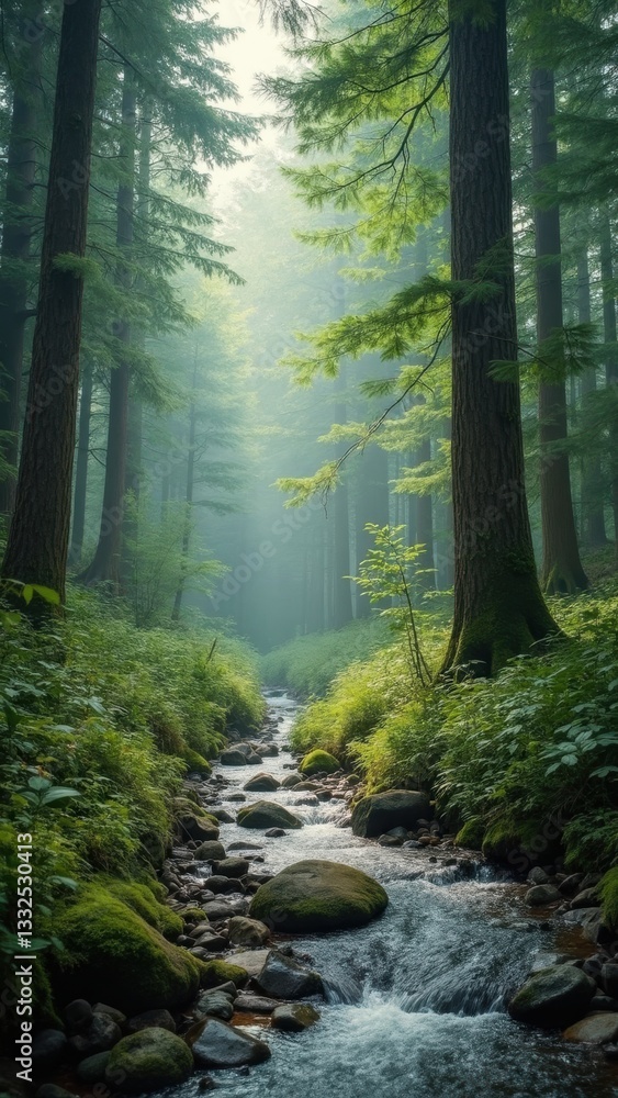 Poster forest stream with a lot of trees and rocks. the water is clear and the sunlight is shining through 
