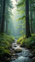Obraz premium Forest stream with a lot of trees and rocks. The water is clear and the sunlight is shining through the trees