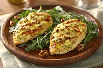 Delicious Grilled Pesto Chicken Breast with Pecans and Cheese on Arugula
