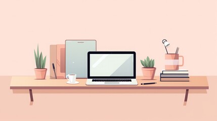 Minimalist flat design workspace illustration. A clean and modern digital workspace with a laptop, coffee, and office supplies in a pastel color palette