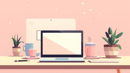 Minimalist flat design workspace illustration. A clean and modern digital workspace with a laptop, coffee, and office supplies in a pastel color palette 