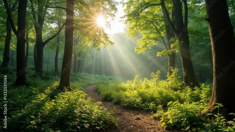 Poster forest path is illuminated by the sun, creating a peaceful and serene atmosphere. the sunlight filte