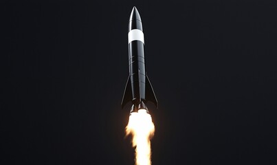 A rocket launching into space with flames emitting from the engine.