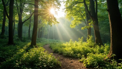 Obraz premium Forest path is illuminated by the sun, creating a peaceful and serene atmosphere. The sunlight filters through the trees