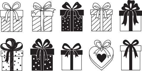 Fototapeta premium Set of Black and White Crosses, Set of elegant holiday gift box icons in flat style, perfect for stylish gift presentations and celebrations.