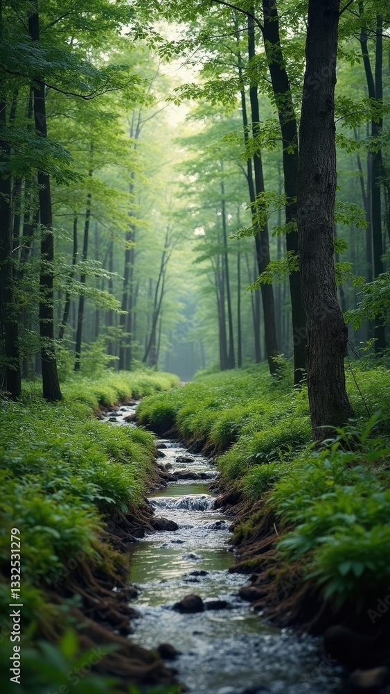 Poster forest stream with a path running alongside it. the water is clear and the trees are lush and green