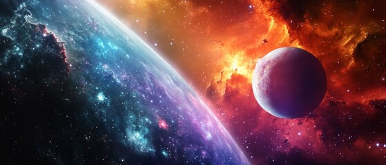 A colorful planet with a red and orange planet in the background