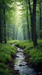 Forest stream with a path running alongside it. The water is clear and the trees are lush and green