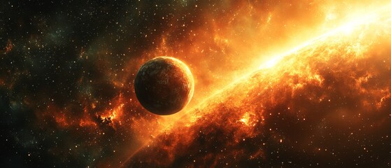 Obraz premium A planet is in the foreground of a very bright orange sky