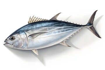 A studio-style, isolated image of a whole tuna fish, lying horizontally on a clean white...