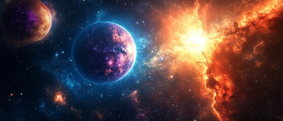 Obraz premium A colorful space scene with a blue planet and a red planet