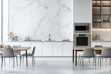 Modern kitchen design, marble backsplash, dining area, open plan