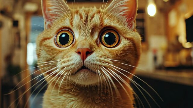 Surprised cat with wide eyes, amusing and endearing, lighthearted atmosphere. V1