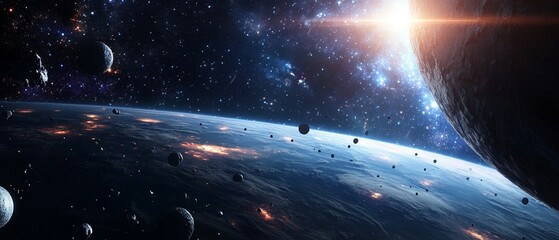 A space scene with a planet and a bunch of rocks