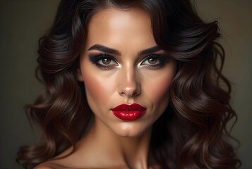 Fototapeta premium A gorgeous woman in a red hat with red makeup on her lips on a black background. Portrait of an elegant lady in close-up on a black background
