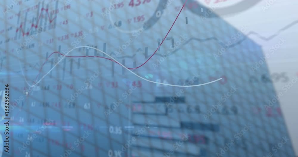 Poster Graphs and charts with financial data on grid-patterned background in animation