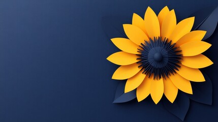 Obraz premium Paper cutout-style of a sunflower turning towards the sunlight, with bright yellow petals and a deep navy background, symbolizing the life-giving energy of nature and growth.