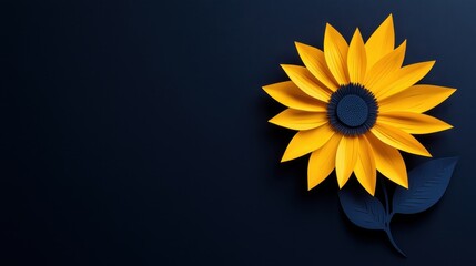 Paper cutout-style of a sunflower with its petals glowing in bright yellow, gently moving in the breeze against a deep navy sky, symbolizing the energy and beauty of the earths cycles