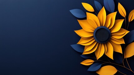 Obraz premium Paper cutout-style of a sunflower dancing in the breeze, with radiant yellow petals against a deep navy backdrop, symbolizing the dynamic and uplifting energy of the natural world.