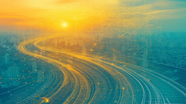 The Path to Tomorrow: An abstract view of a winding road leads towards a radiant sunset, evoking a sense of journey, progress, and limitless possibility.