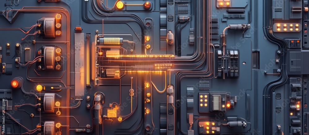 Poster a close-up of a complex circuit board with glowing elements and intricate wiring.