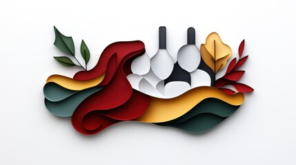 Paper cutout-style of friends gathering for a cozy winter holiday meal, with warm reds, golds, and whites symbolizing togetherness during the colder months.