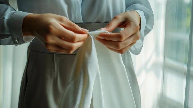 Hands of woman tailor, holds white fabric. Woman wearing blouse and light gray classic trousers. V2