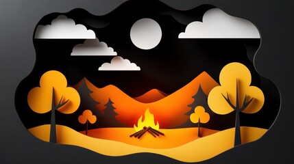 Paper cutout-style of friends gathered around a bonfire on the beach, with warm gold and orange hues symbolizing togetherness and warmth on a cool night.