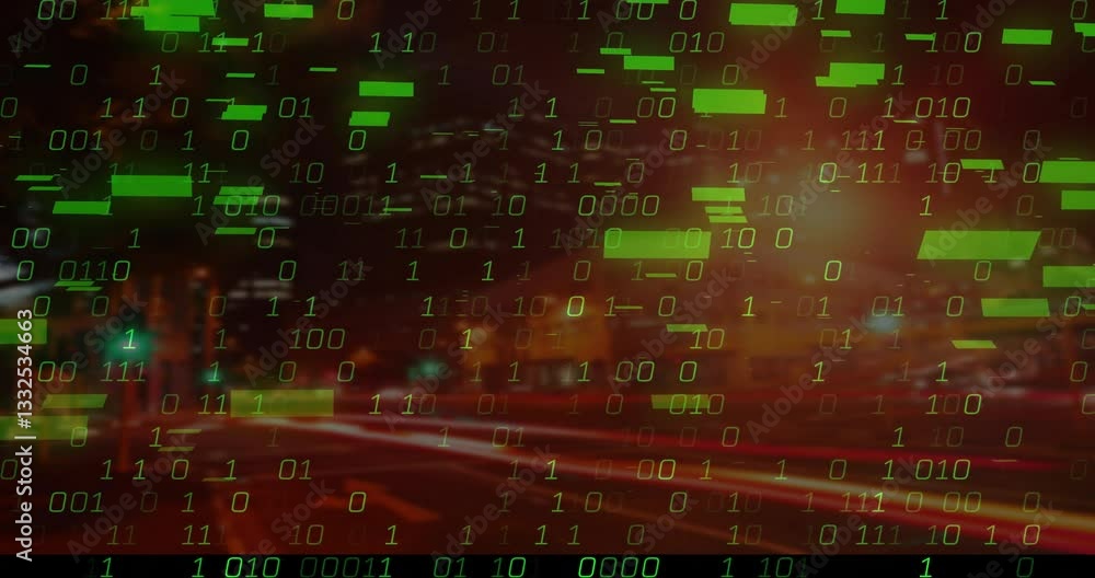 Poster animation of binary code with green data blocks overlaying cityscape at night