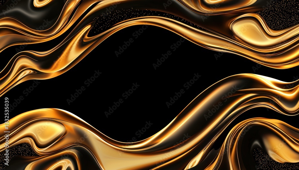Poster a captivating abstract image featuring flowing golden waves against a black background, creating a s