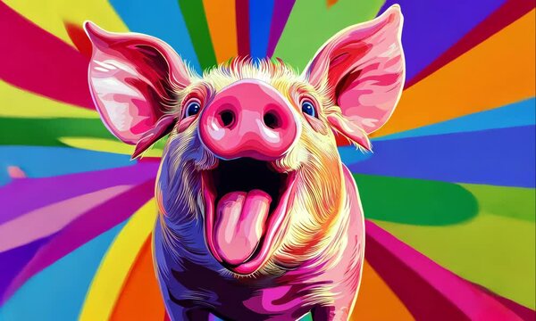 crazy pig on colorful vibrant background illustrated animation
