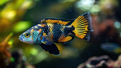 Obraz premium Vibrant, multicolored fish swims in an aquarium. Its scales shimmer with blues, yellows, and blacks.