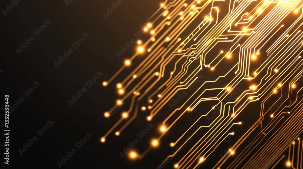 Poster an abstract image showcasing glowing golden circuit patterns against a dark background, representing