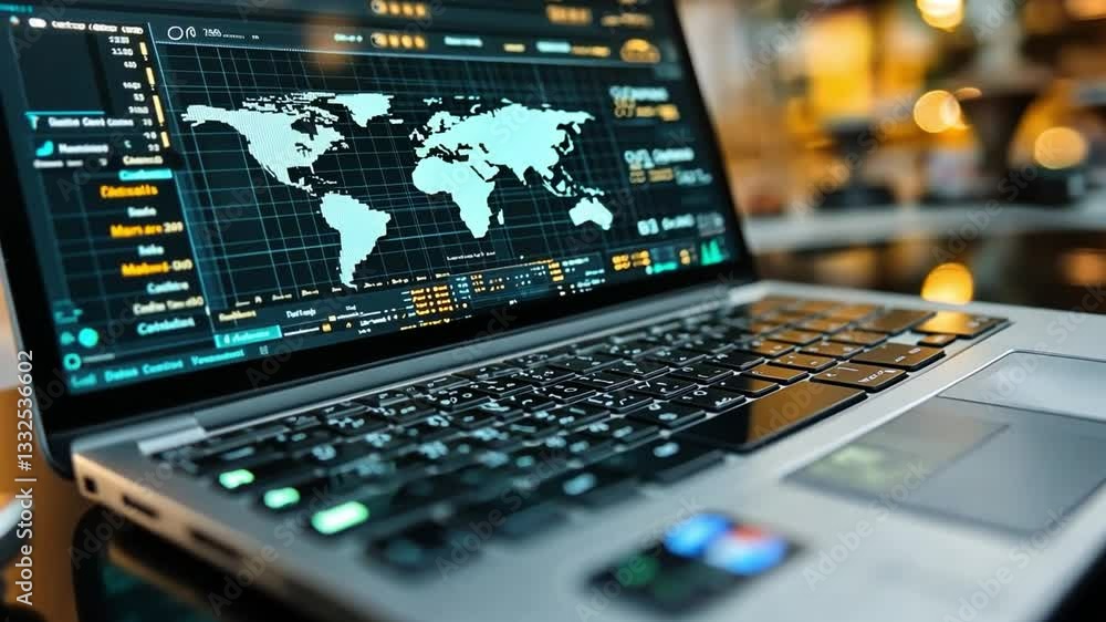 Poster data analytics on a laptop with a world map and metrics in a sleek workspace