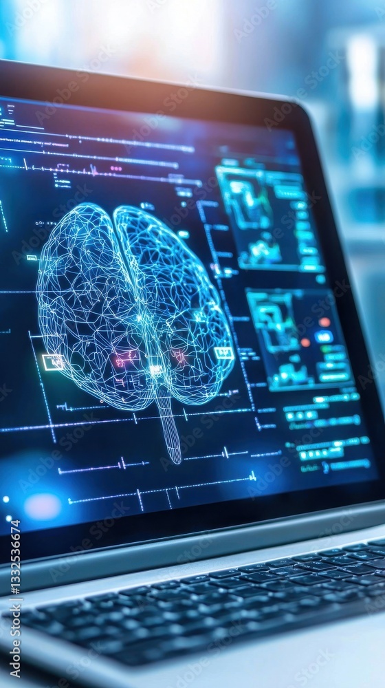 Poster futuristic laptop displaying digital brain concept and data visualization
