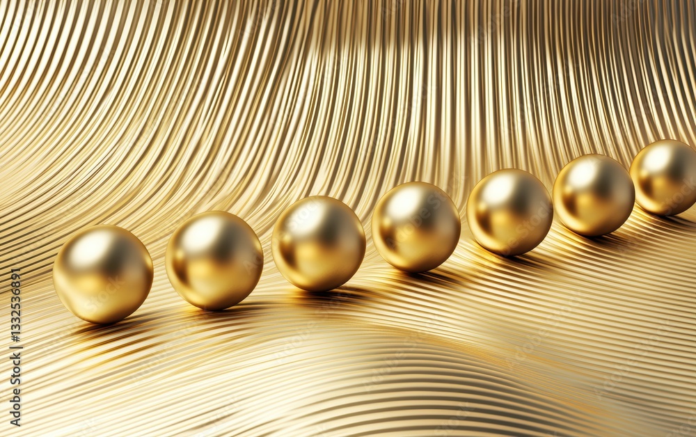 Poster a series of golden spheres arranged in a line against a textured gold background, creating a luxurio