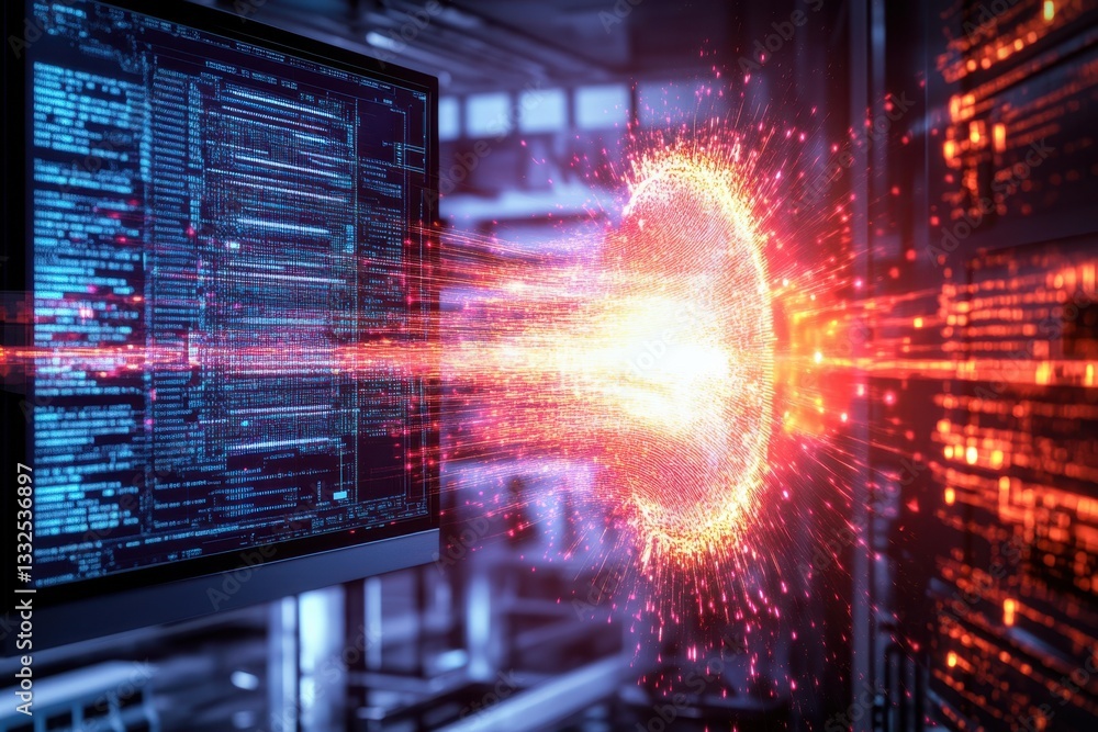 Poster visual representation of data burst from a computer system showcasing technology and innovation