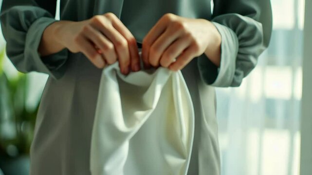 Hands of woman tailor, holds white fabric. Woman wearing blouse and light gray classic trousers. V3