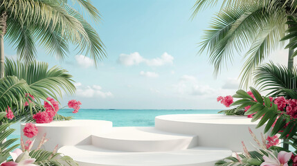 Fototapeta premium Tropical scene with three white podiums, palm leaves, flowers, and ocean view, perfect for summer or product display, bright blue sky and lush greenery