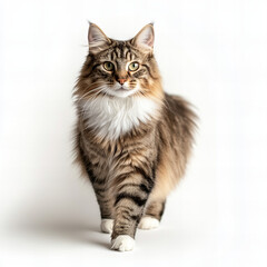 Fluffy Siberian cat with thick fur and bushy tail standing on a white background, looking curious with bright expressive eyes, perfect for pet lovers and feline themed designs.