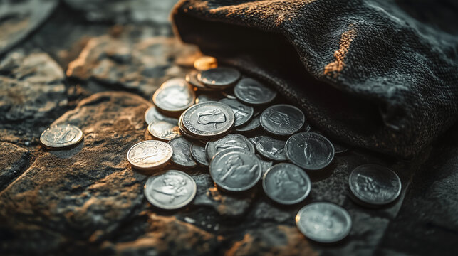 Close-up of a bag of silver coins lying on the cobblestones. Biblical theme - thirty pieces of silver paid to Judas for betraying Jesus. numismatics - silver coins. treasure