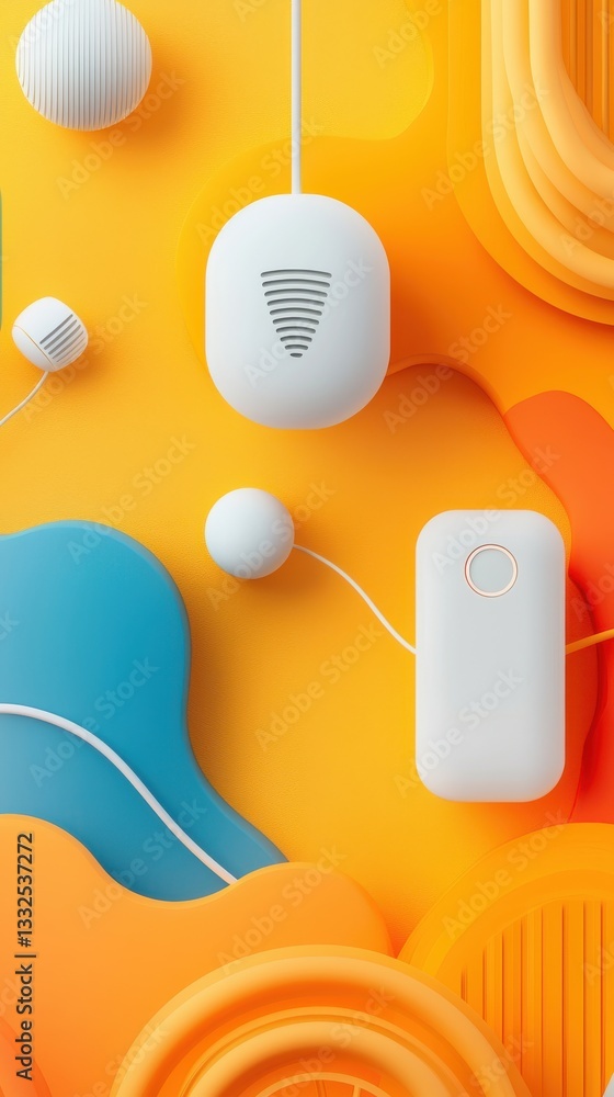 Poster modern minimalist composition with white tech devices and colorful background