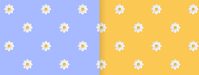 Two bright spring seamless patterns. Light print, chamomile. Light, positive shades. Pattern for printing packaging, fabric for bed linen, summer ornaments. Samples in swatches