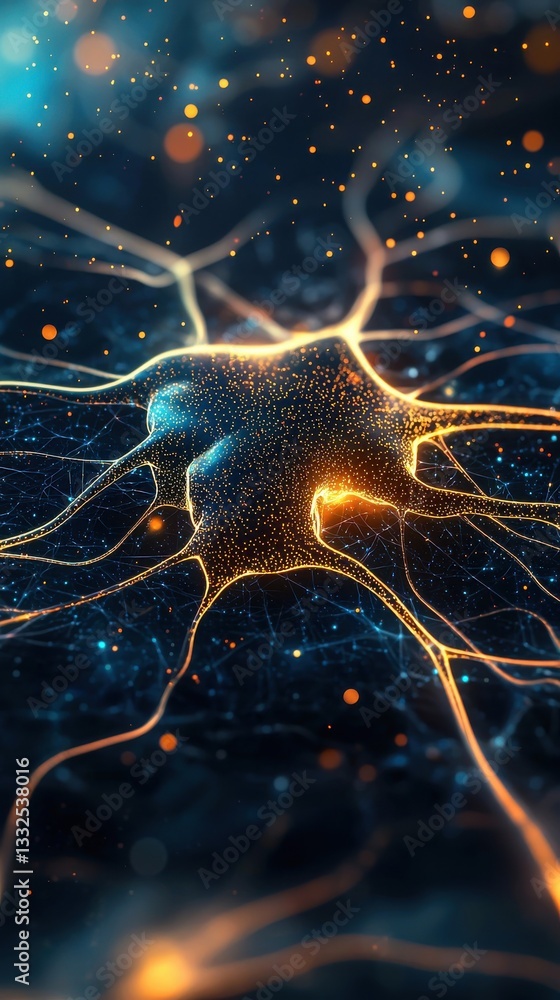 Poster illuminated neuron structure with glowing connections and particles
