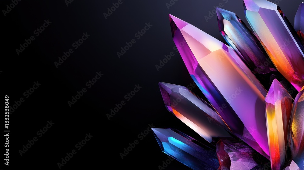 Poster crystal fragments with shimmering highlights. sharp, fragmented shapes resembling crystals with irid
