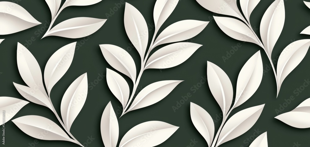 Poster a repeating pattern of white leaves on a dark green background, creating a serene and elegant botani