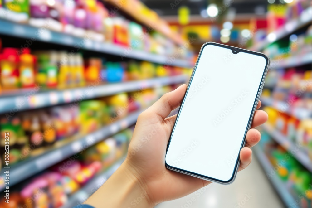 Aufkleber hand holding blank smartphone in grocery store aisle with colorful blurred background.