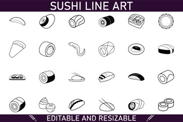Editable Resizable Sushi Line Art Icons Nigiri, Maki, Rolls
