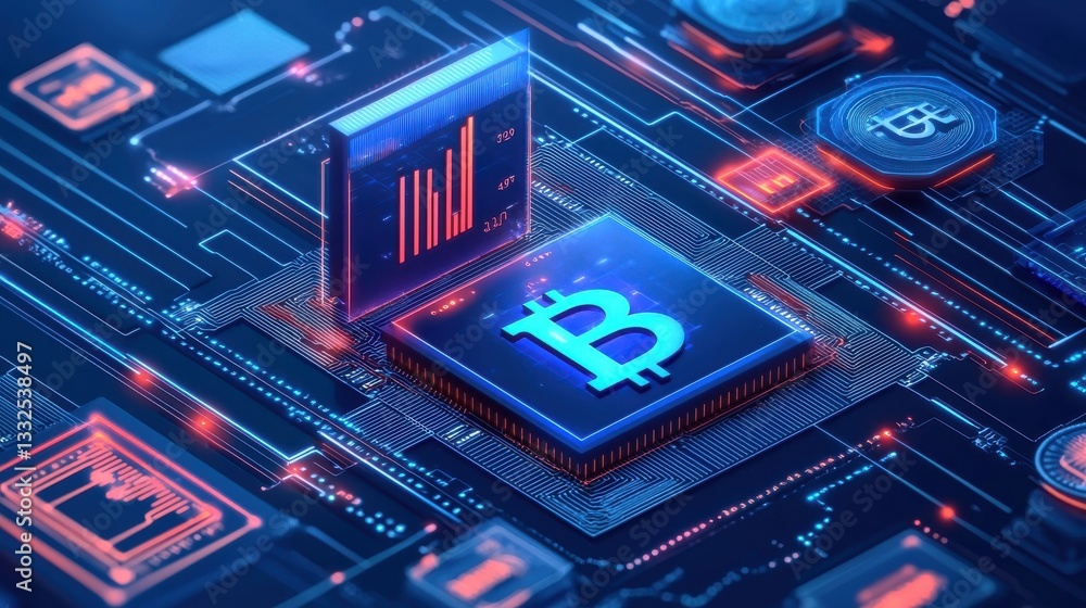 Poster digital cryptocurrency network concept with bitcoin graphics